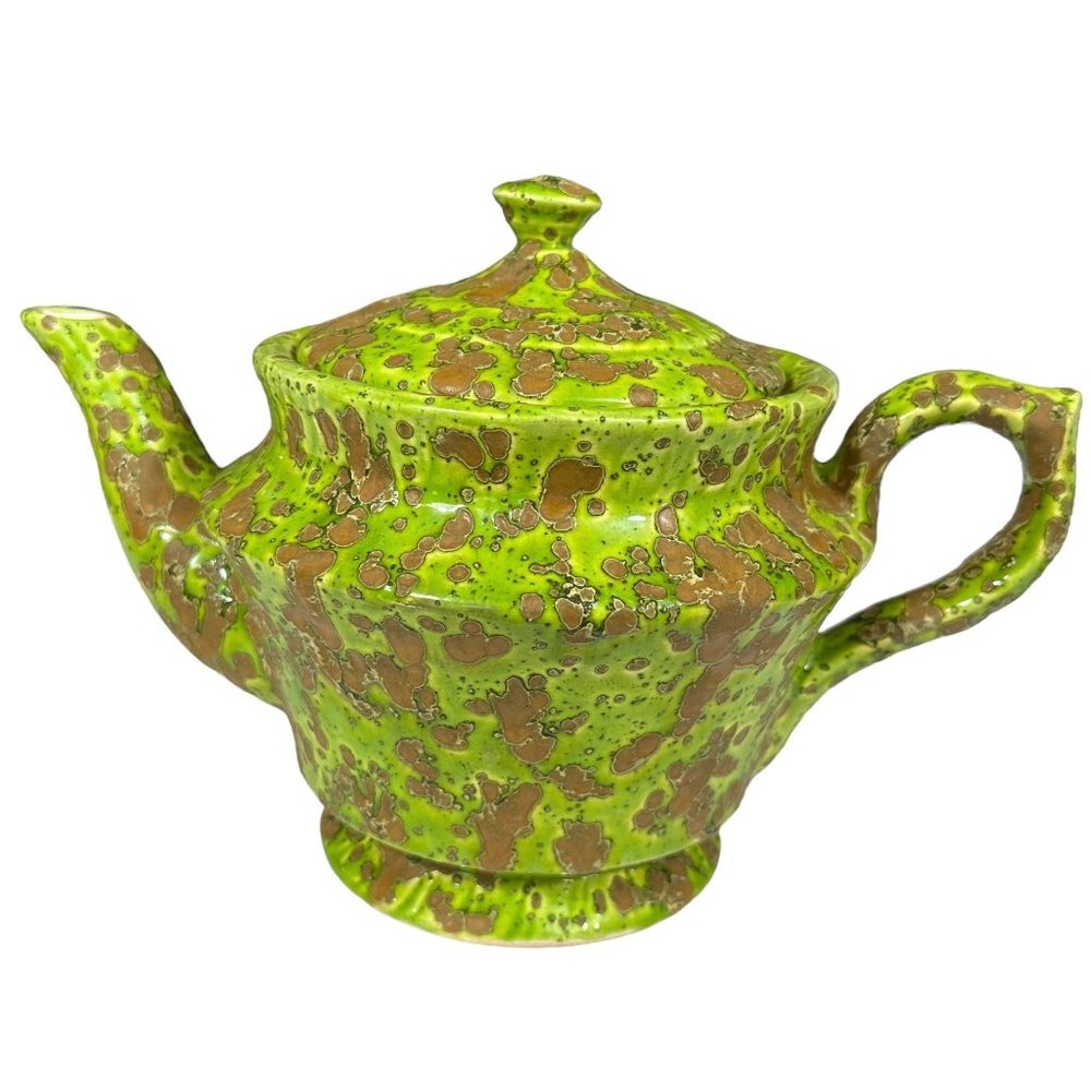 Vtg 70s Acid Green Psychadelic Splatter Mold Made Hand Painted 7" Ceramic Teapot